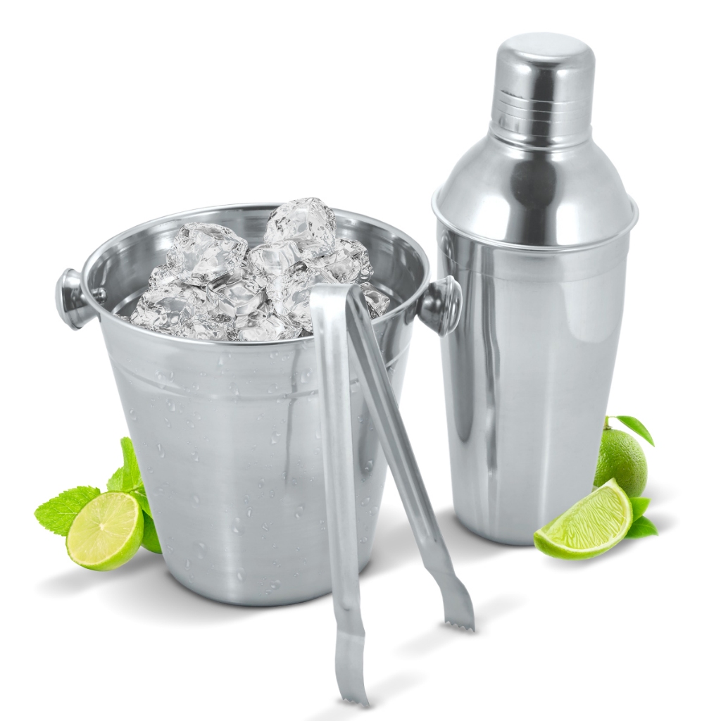 Kit Bar Aço Inox Coqueteleira Pegador Balde De Gelo 3 Peças