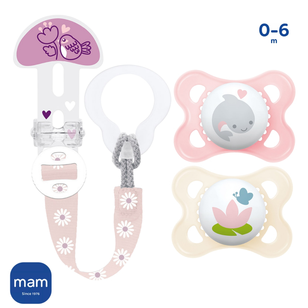 Chupeta MAM 0-6 meses Dupla Rosa + Prendedor MAM com Estojo Clip IT!& Cover