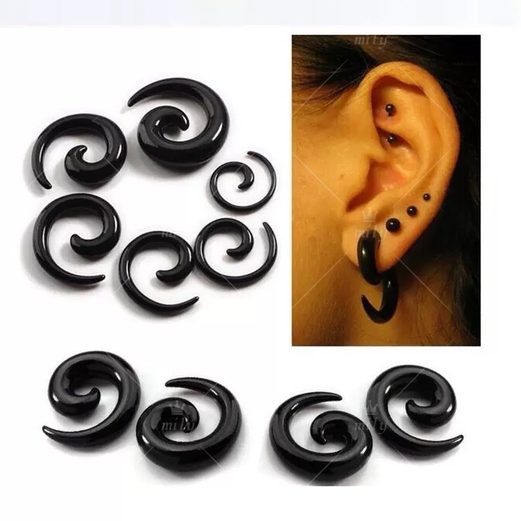 Cartela de alargador espiral caracol 12 unidade preto acrílico hiphop gótico expansor para orelha