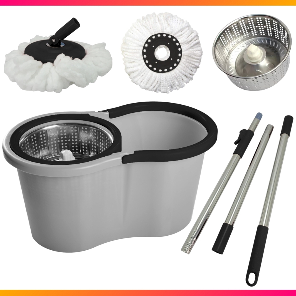 Mop Com Centrifuga Inox E Cabo Em Inox Com Refil De Microfibra 9 Litros Mopi