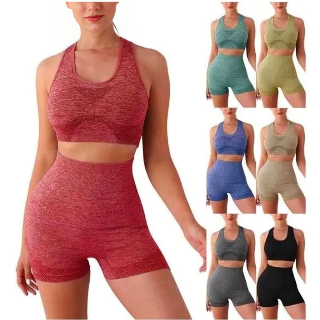 Conjunto Academia Fitness Feminino Leggings 1 Top 1 Shorts Levanta Bumbum Sem Costura E Bojo