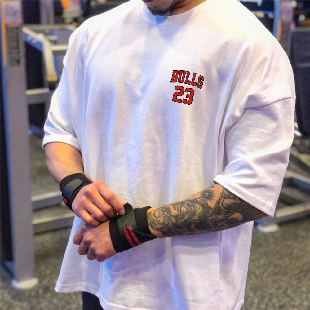 Camisa Masculina Academia Estampada 23 Bulls Básico Oversized Camiseta Longo Moda Treino Lançamento
