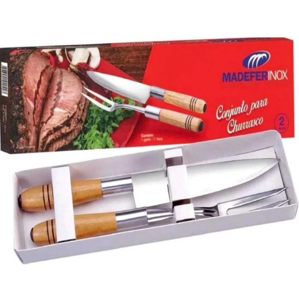 KIT PARA CHURRASCO PREMIUM, DE AÇO INOX, CONTENDO 2 PECAS, SENDO: 1 GARFO, 1 FACA MARCA MADEFER