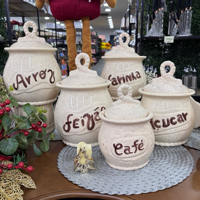 Jogo 5 Potes de Mantimentos para Arroz Feijão Farinha Açúcar e Café em cerâmica pintura decorativa em Oferta na Shopee