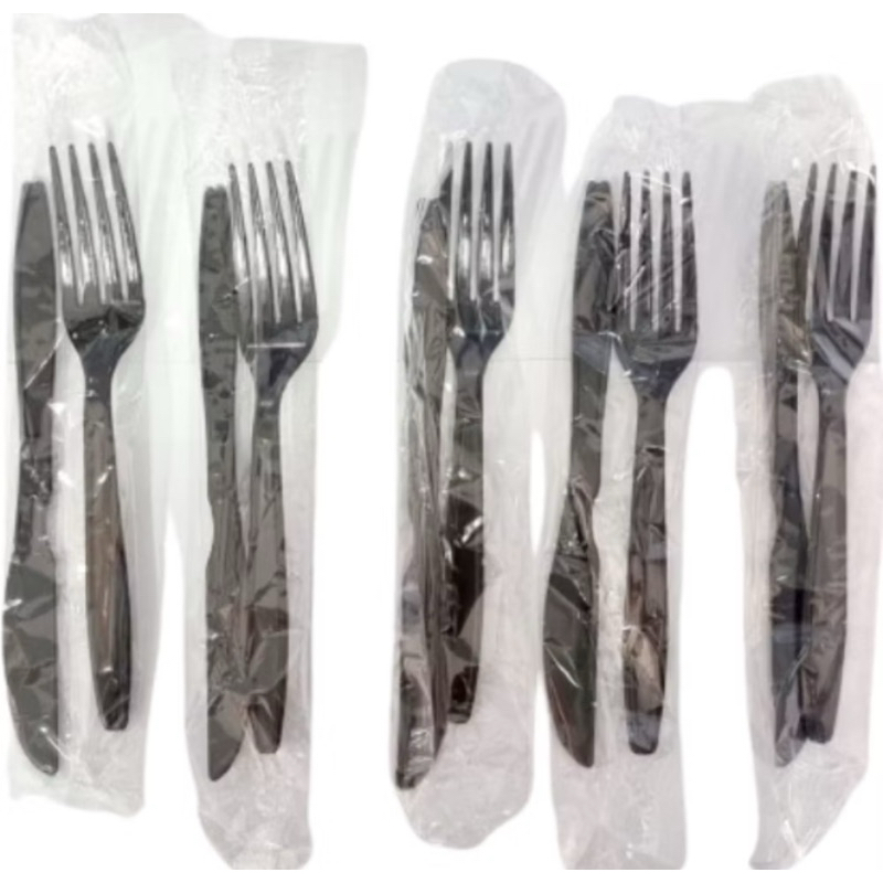 50 Kits Garfo e Faca Descartável p/ Refeição na Cor PRETA Embalado Individual em Oferta na Shopee