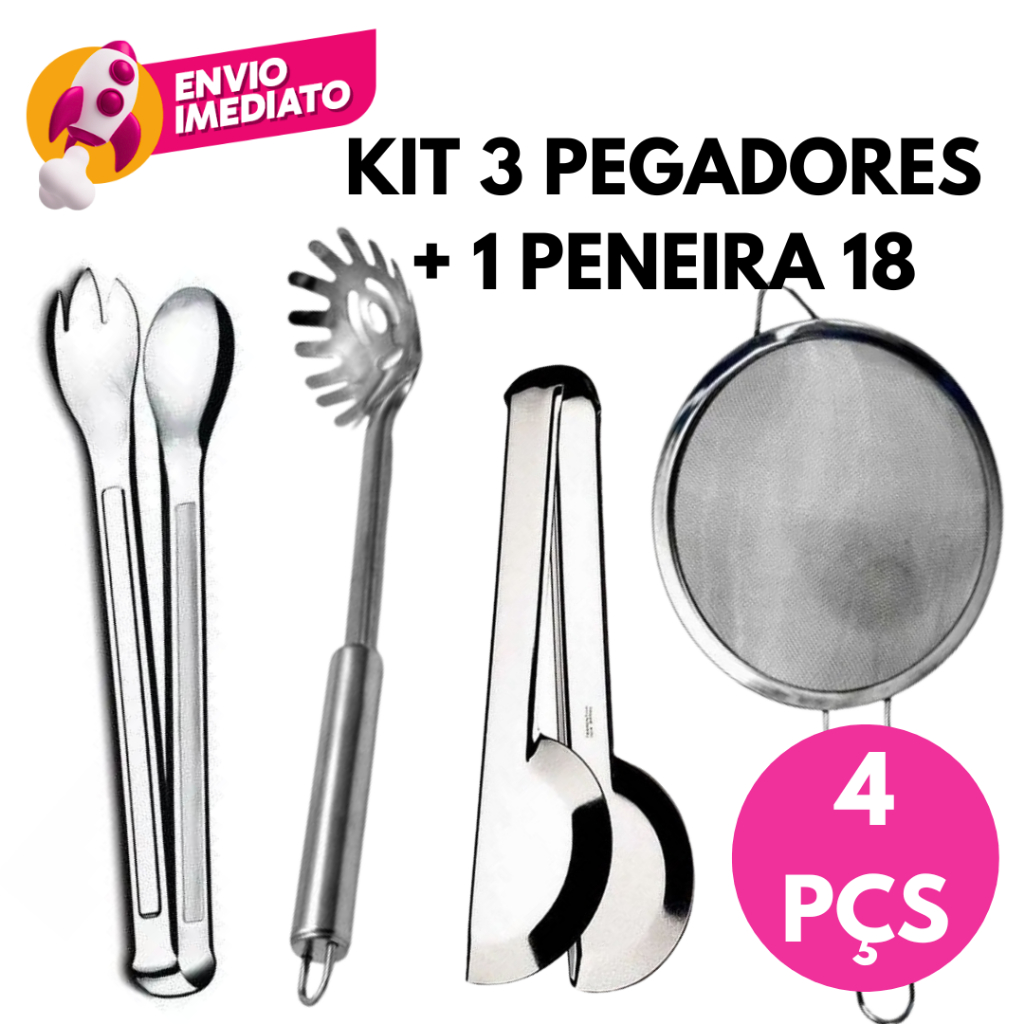 Kit 04 Pç Conjunto Pegador Massa Salada E Universal Inox Peneira 18Cm Utensílios Cozinha Restaurante
