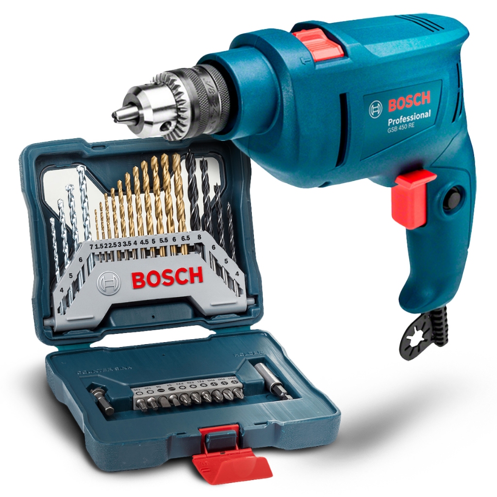 Kit Furadeira de Impacto GSB 450 RE Bosch + Brocas X-line 30 - Home & Living