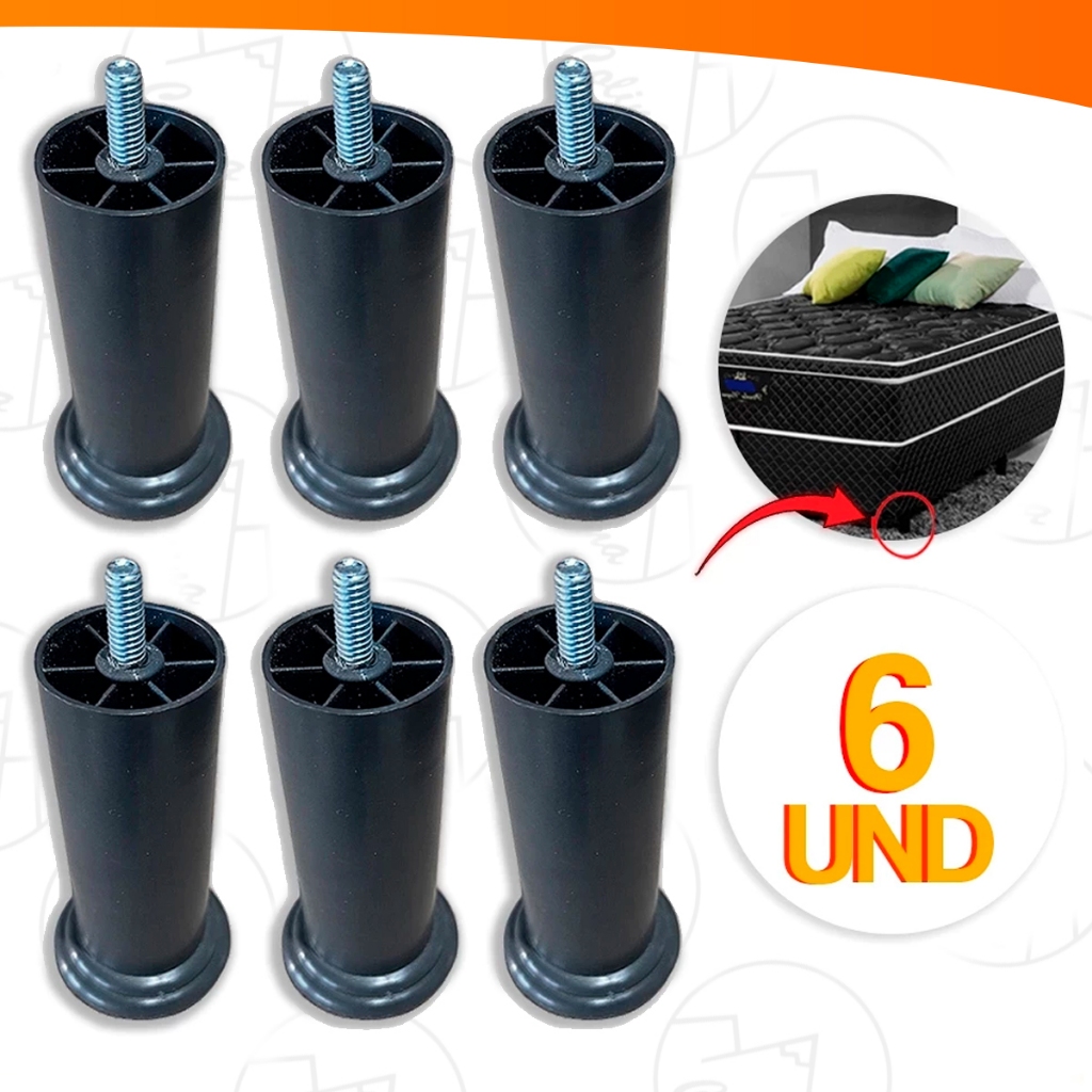 Kit 6x Pés de Cama Box 12cm Cabeceira Pezinho Plástico PU Com Parafuso Resistente