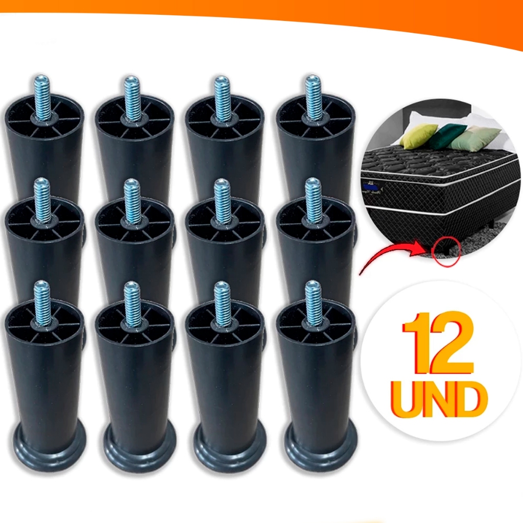 Kit 12 Pés de Cama Box 12cm Cabeceira Pezinho Plástico Com Parafuso Resistente