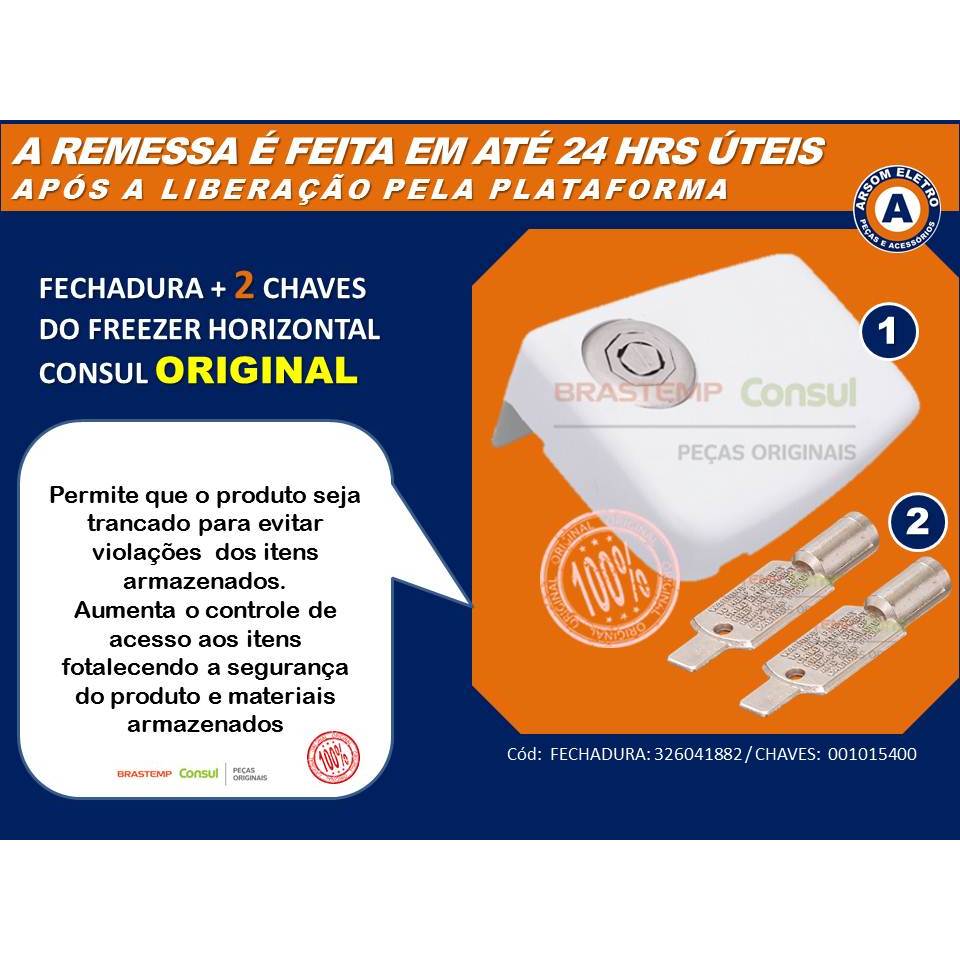 Fechadura com 2 Chaves Ambas Originais para Freezer Horizontal Consul – Completa e Segura