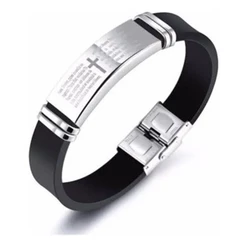 Kit até 12 Pulseiras masculina ajustavel Pai nosso Borracha resistente Prata