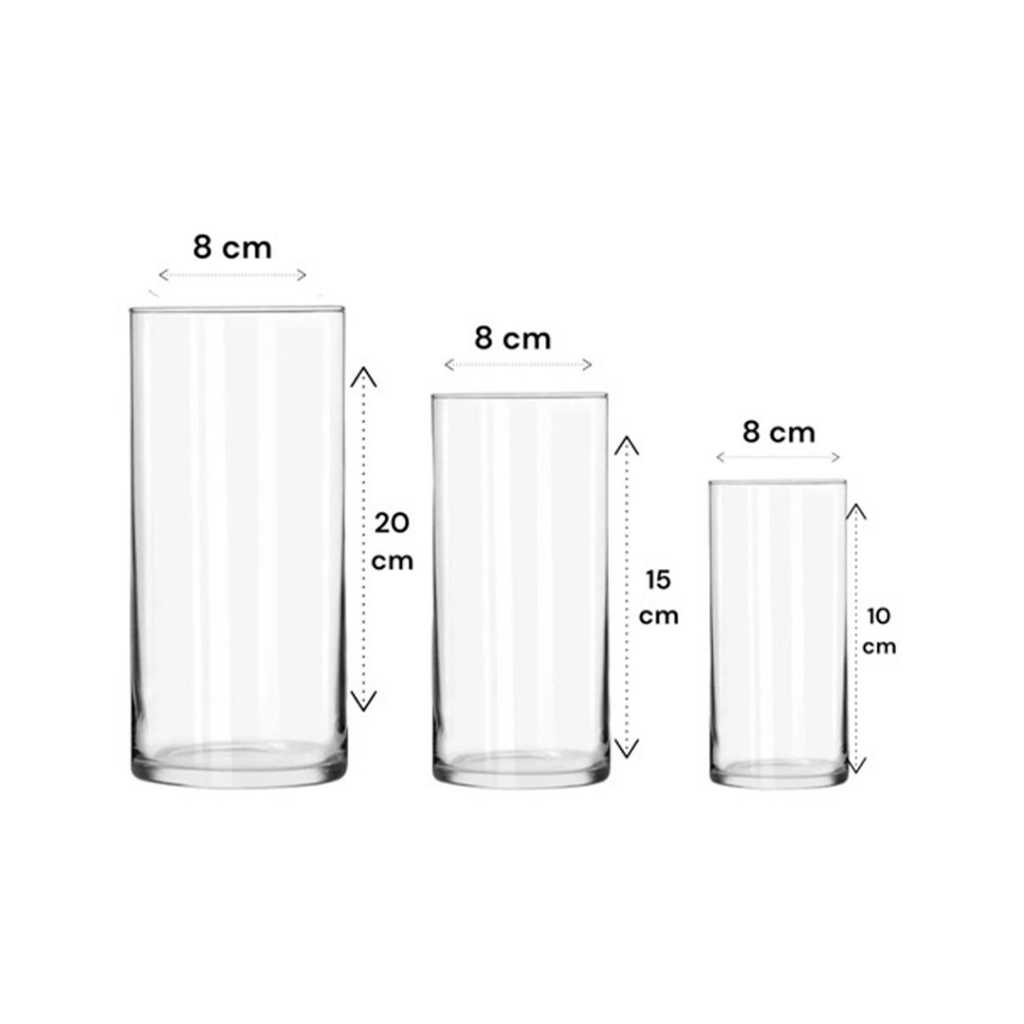 Kit 3 Vasos Tubo De Vidro Transparente Cilíndrico Decoração Mesa Festa