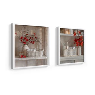 Kit 2 Quadros 18x18 cm, banheiro, lavabo, flores, vermelho em Oferta na Shopee