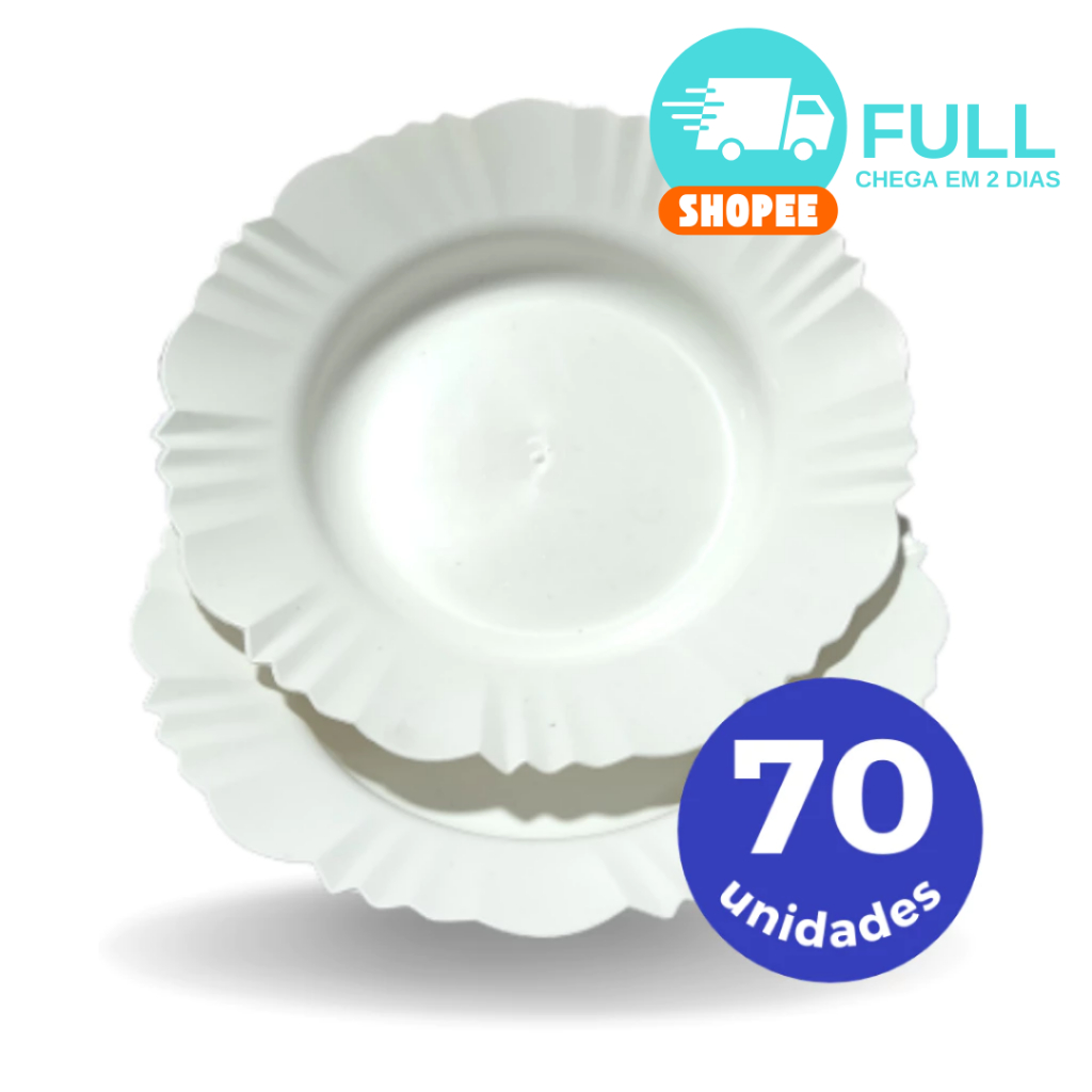 Kit 70 prato fundo com borda branco refeição churrasco festa prato redondo plastico branco em Oferta na Shopee
