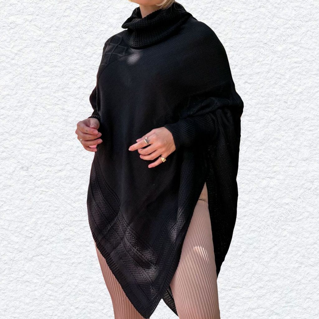 Kimono Inverno Tricot Grosso Feminino - Poncho Estilo Pala Gaúcha - Cor Preto