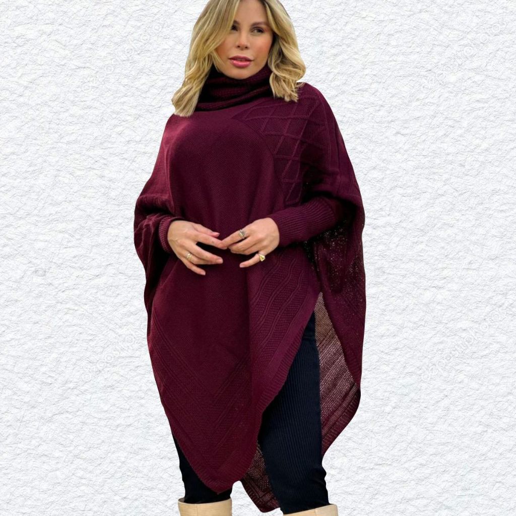 Kimono Feminino Tricô Inverno - Cor Marsala - Poncho Blusa Suéter - Lindo - Moda Tendência