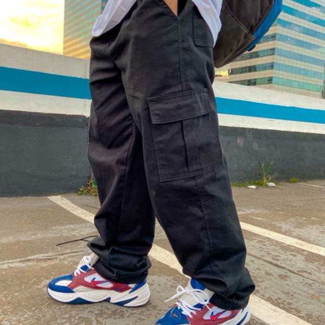 Calça Cargo Unissex Sarja – Diversas Cores Estilo Skate Larga em Oferta na Shopee