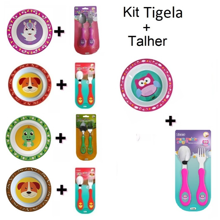 Kit Tigela + Talheres Colher E Garfo Infantil Bebe Criança Pote Alimentação