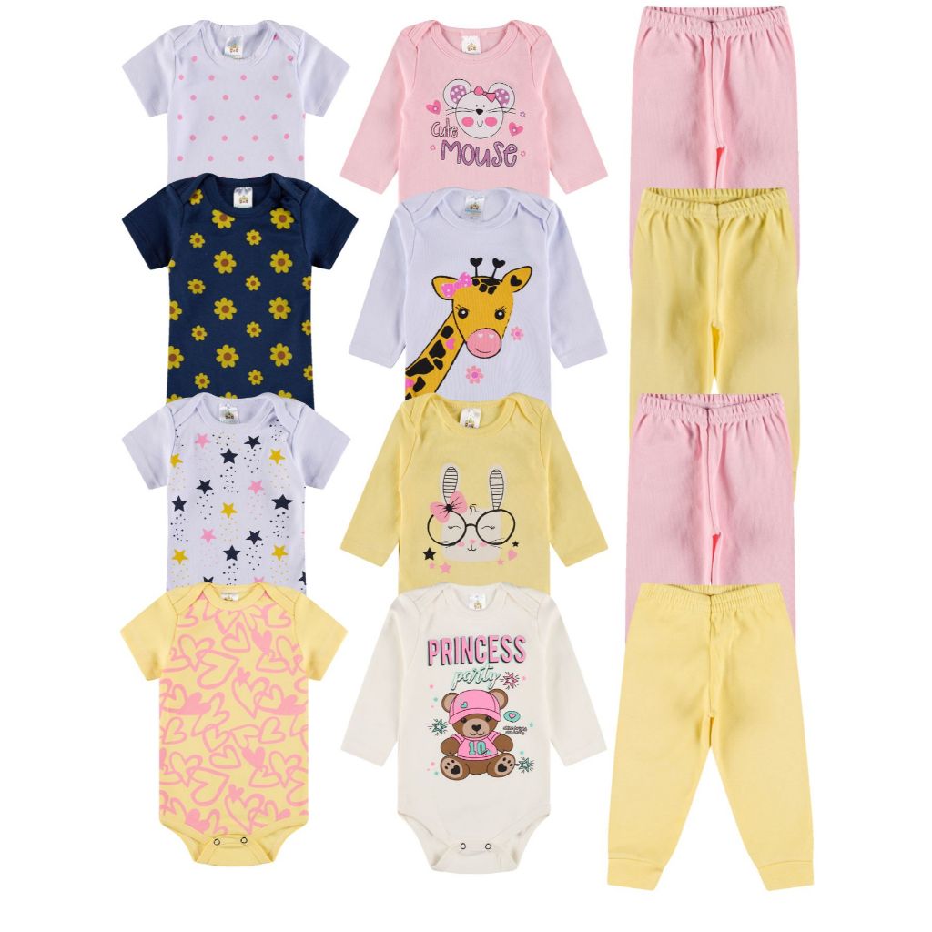 Kit Body 6 Peças de Roupas para Bebê Menina (2 Body Curto + 2 Body Longo + 2 Calça Mijão) em Oferta na Shopee
