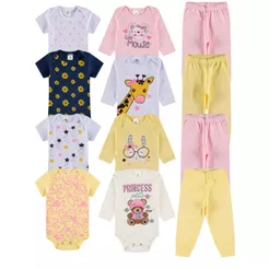 Kit Body 6 Peças de Roupas para Bebê Menina (2 Body Curto + 2 Body Longo + 2 Calça Mijão)