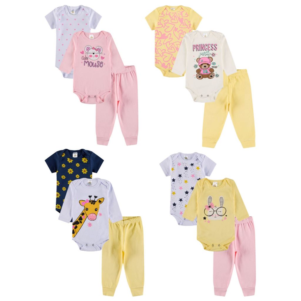 Kit Body 6 Peças de Roupas para Bebê Menina (2 Body Curto + 2 Body Longo + 2 Calça Mijão) Kit 2 Conjuntos Body em Oferta na Shopee