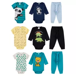 Kit Body 9 Peças de Roupas para Bebê Menino (3 Body Curto + 3 Body Longo + 3 Calça Mijão) Kit 3 Conjuntos Body