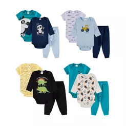 Kit Body 6 Peças de Roupas para Bebê Menino (2 Body Curto + 2 Body Longo + 2 Calça Mijão) Kit 2 Conjuntos Body