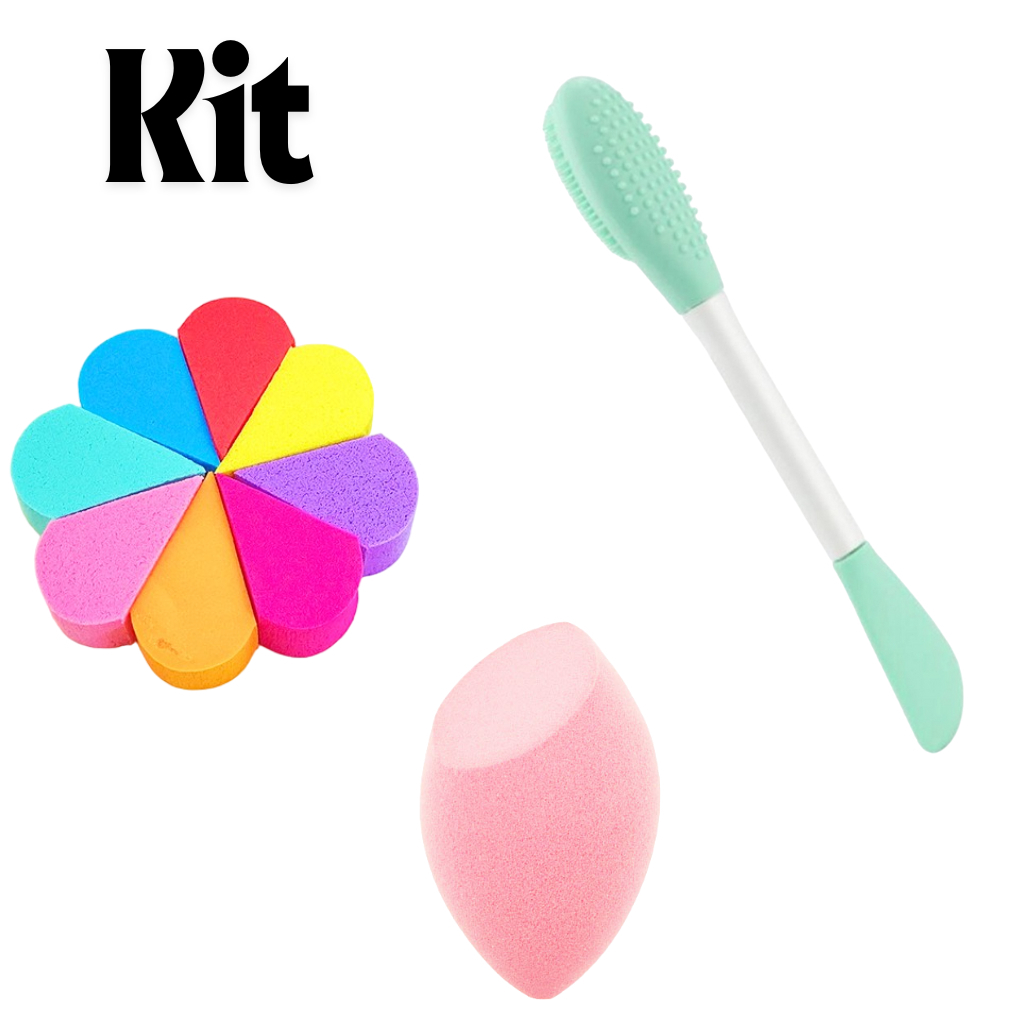kit com Esponjas de Maquiagem, Po Corretivo Base e Blush + Espatula facial 2 em 1 para Skin Care