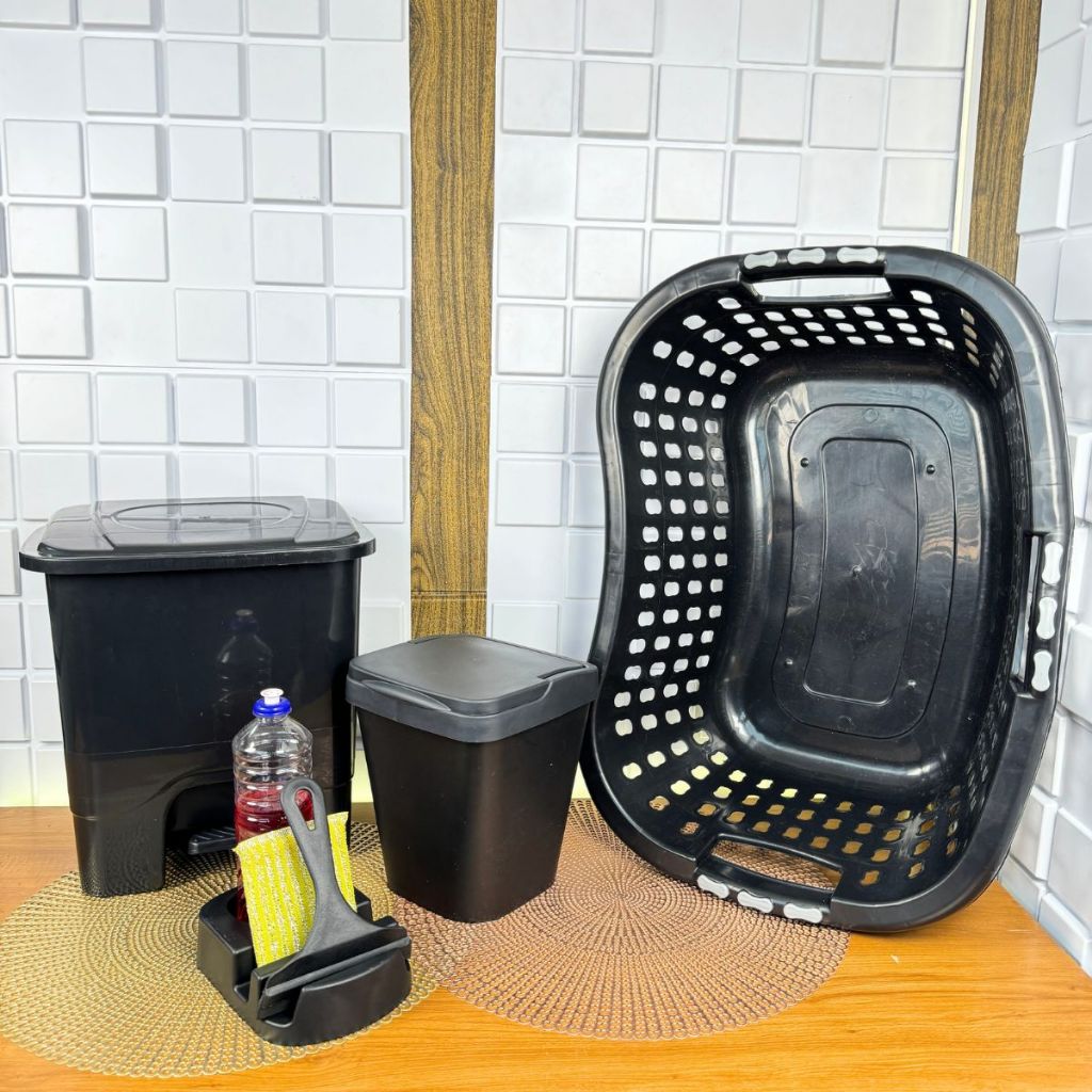 Kit Completo: Cesto de Roupas 32L, Lixeiras 13L e 4.8L, Porta Detergente e Rodinho para Organização Prática