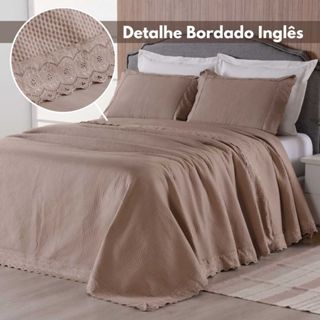 Kit Colcha Cobre Leito King 3 peças Percal 300 Fios com Bordado Ingles caqui cinza rosa