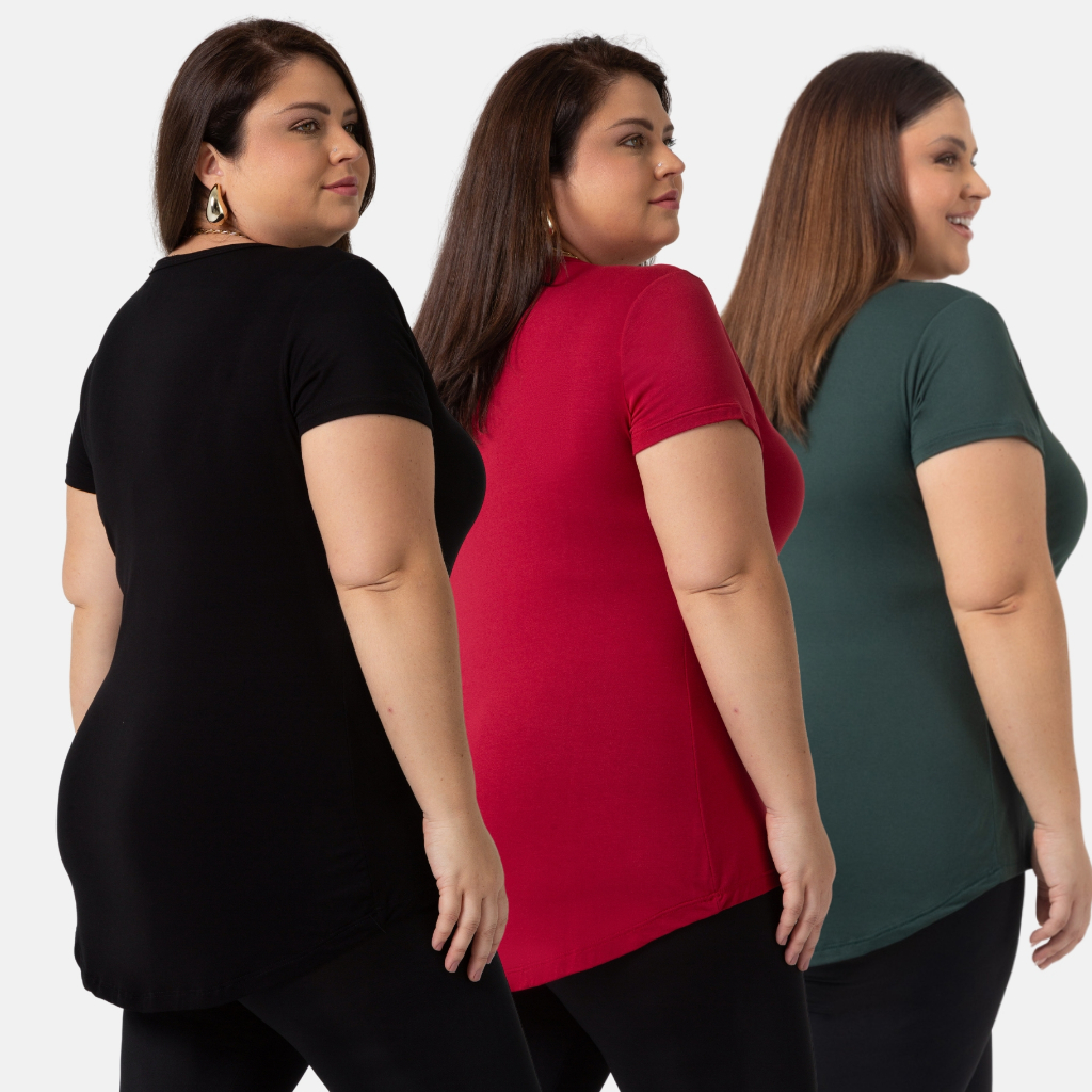 Kit 3 Blusas Femininas Plus Size Tampa Bumbum Comprida Atrás Lisa Básica Viscose Elastano