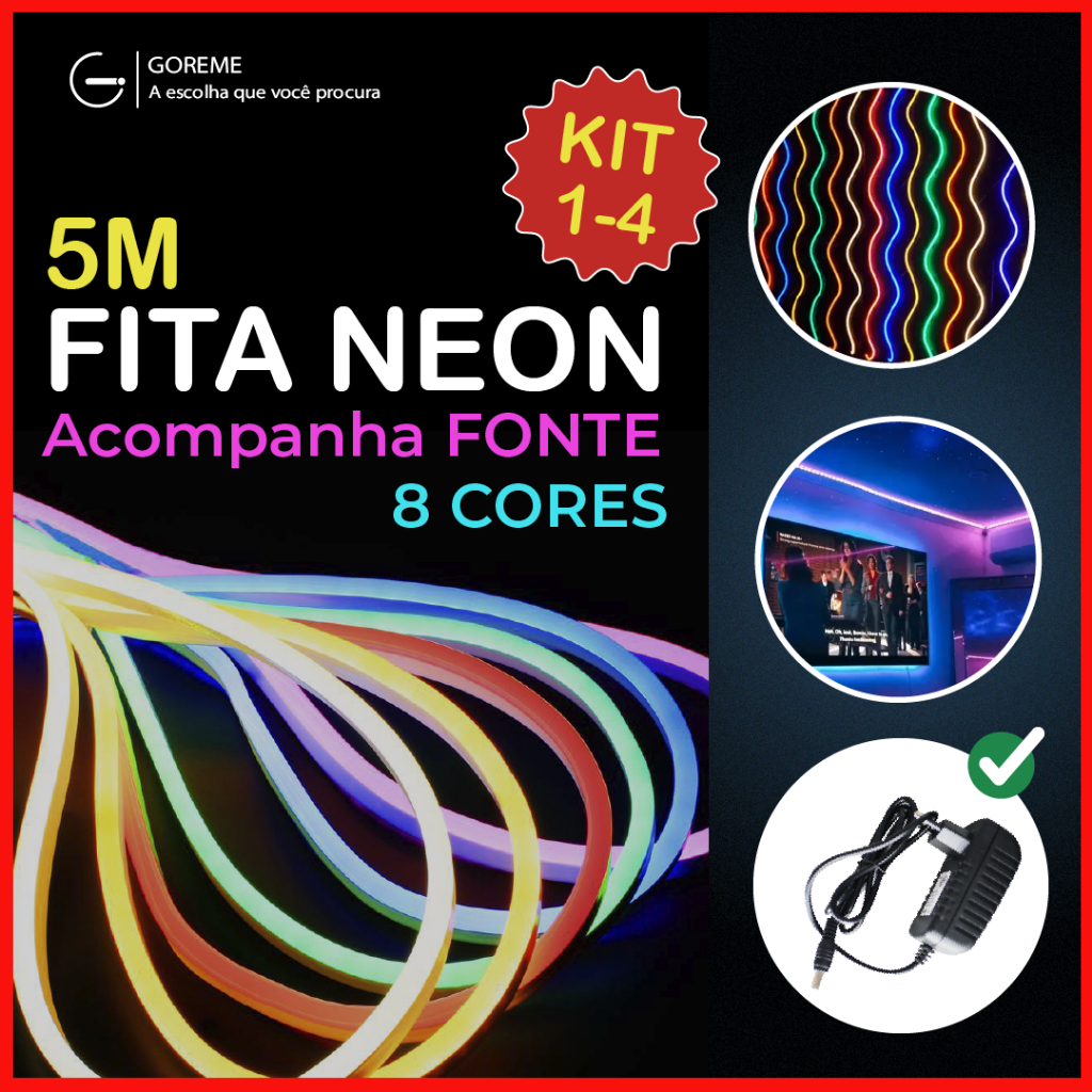 Fita de LED Mangueira Neon 5 Metros 60W Flexível Com Fonte 12V | 8 Cores em Oferta na Shopee