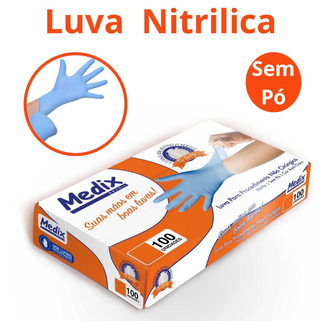 Luva Nitrilica Sem Pó Descartável Resistente Nitrílica Azul