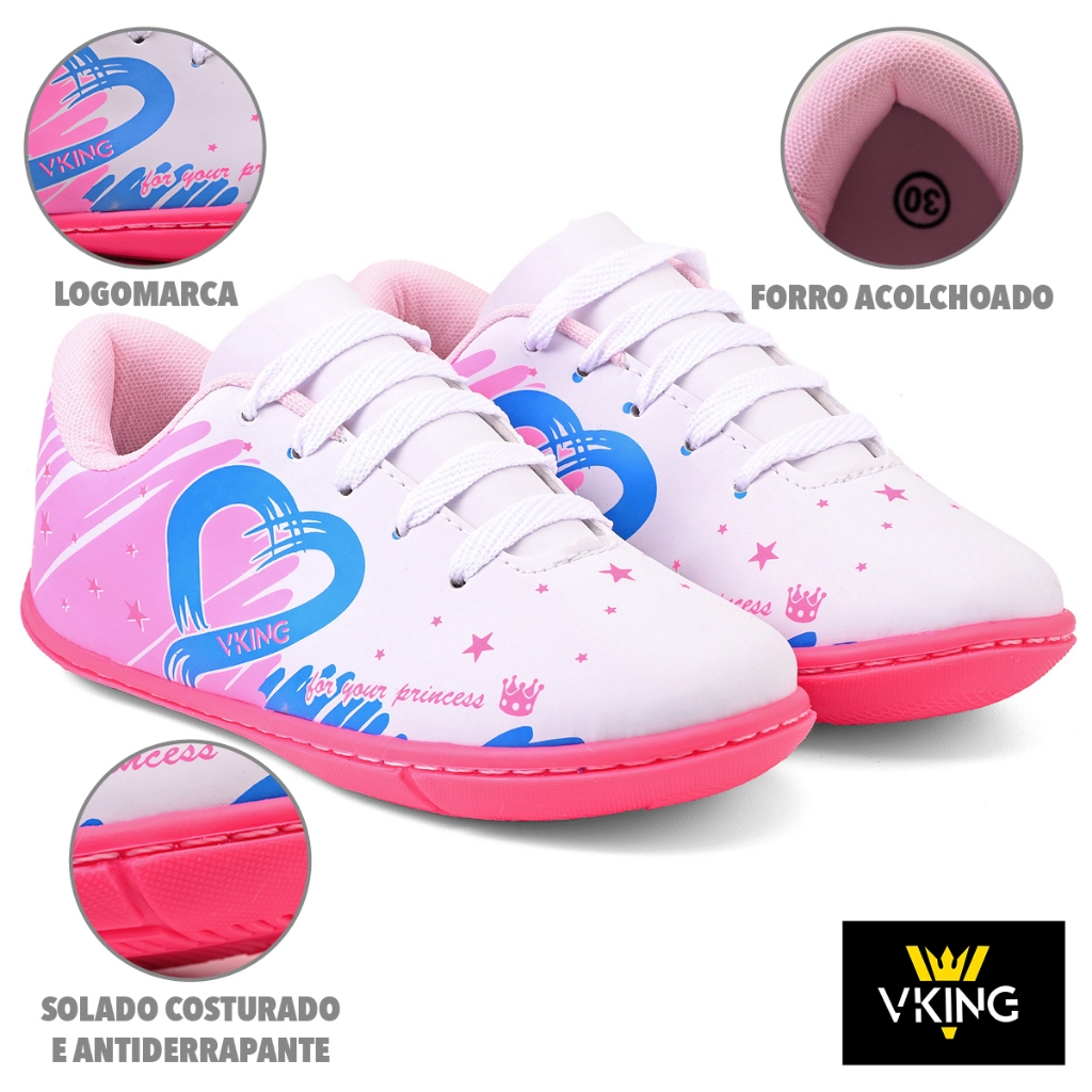 Tênis Infantil menina Futsal Vking Branco Pink do 26 ao 33