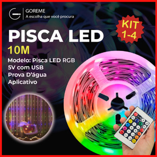 Kit 4 Pisca LED RGB 10M USB + CONTROLE | Controle por aplicativo | A prova d