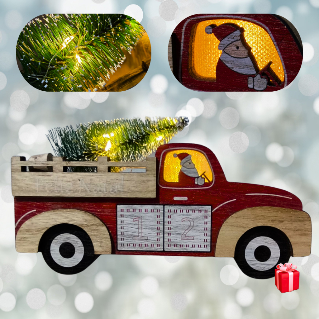 Decoração de natal caminhão madeira papai noel arvore pinheiro com luz led