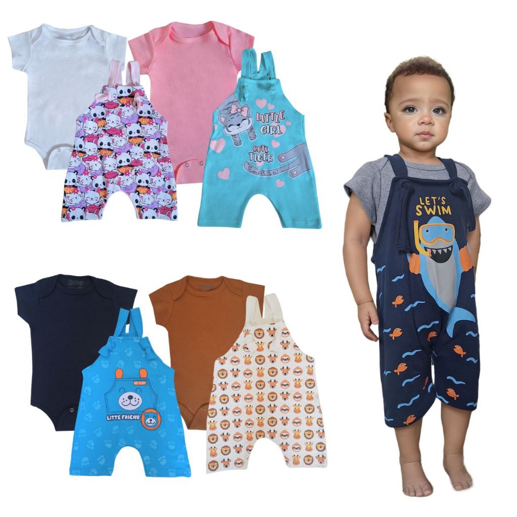 kit Roupa Bebê 4 Peças Jardineira e Body Manga Curta Menino Menina Material Suedine 100% Algodão Tamanhos P M G 1 2 3