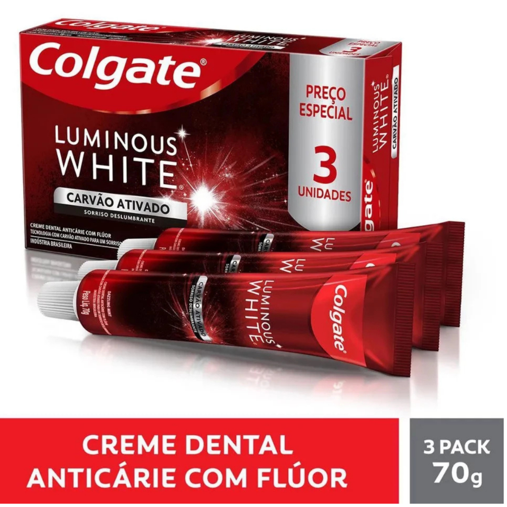 Kit 3 Creme Dental Colgate Luminous White Clareador Carvão Ativado 70g cada