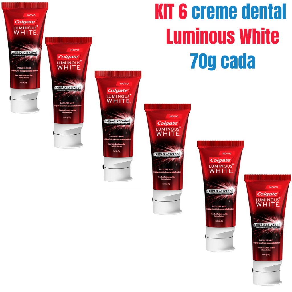 Kit 6 Creme Dental Colgate Luminous White Carvão Ativado Removedor de Manchas 70g cada