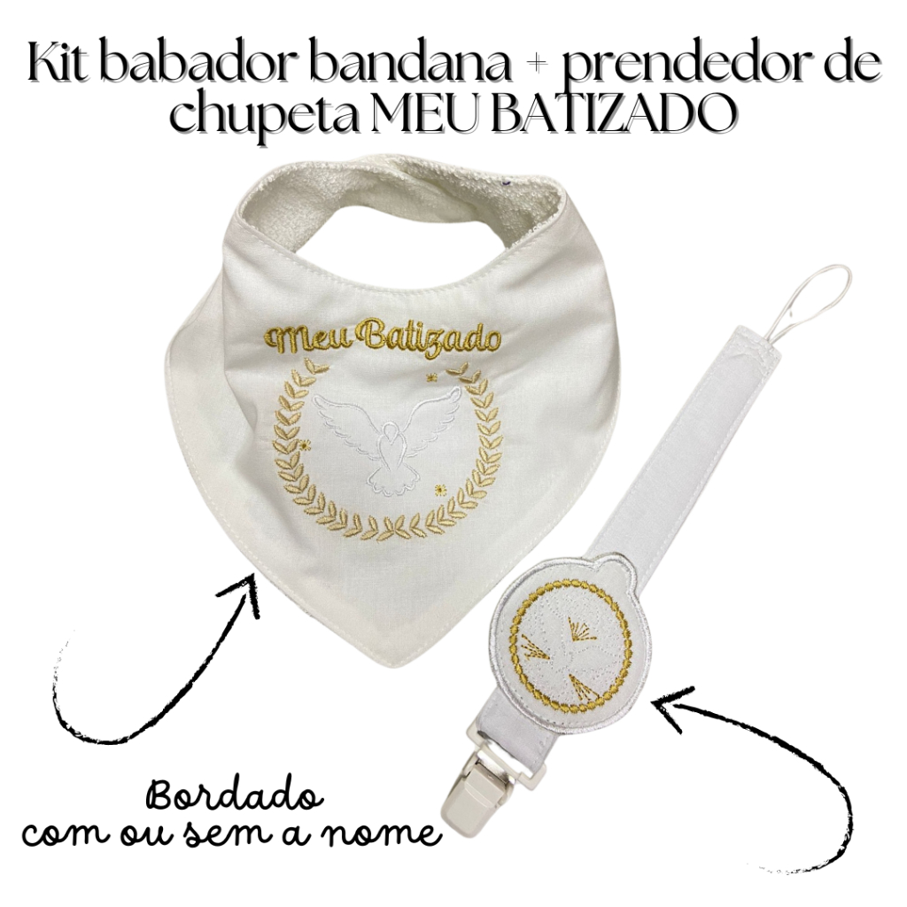 Babador bandana atoalhado Batizado + Prendedor de chupeta batizado kit em Oferta na Shopee