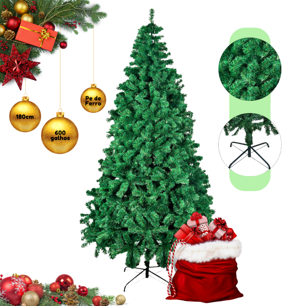 Árvore De Natal 1,80m 600 Galhos Pinheiro Premium Luxo Com Pé de Ferro Cheia Verde 180 cm Grande