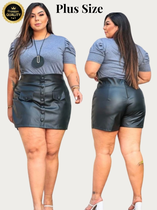 Short Saia Courino Plus Size Couro Fake Feminina Couro Ecológico
