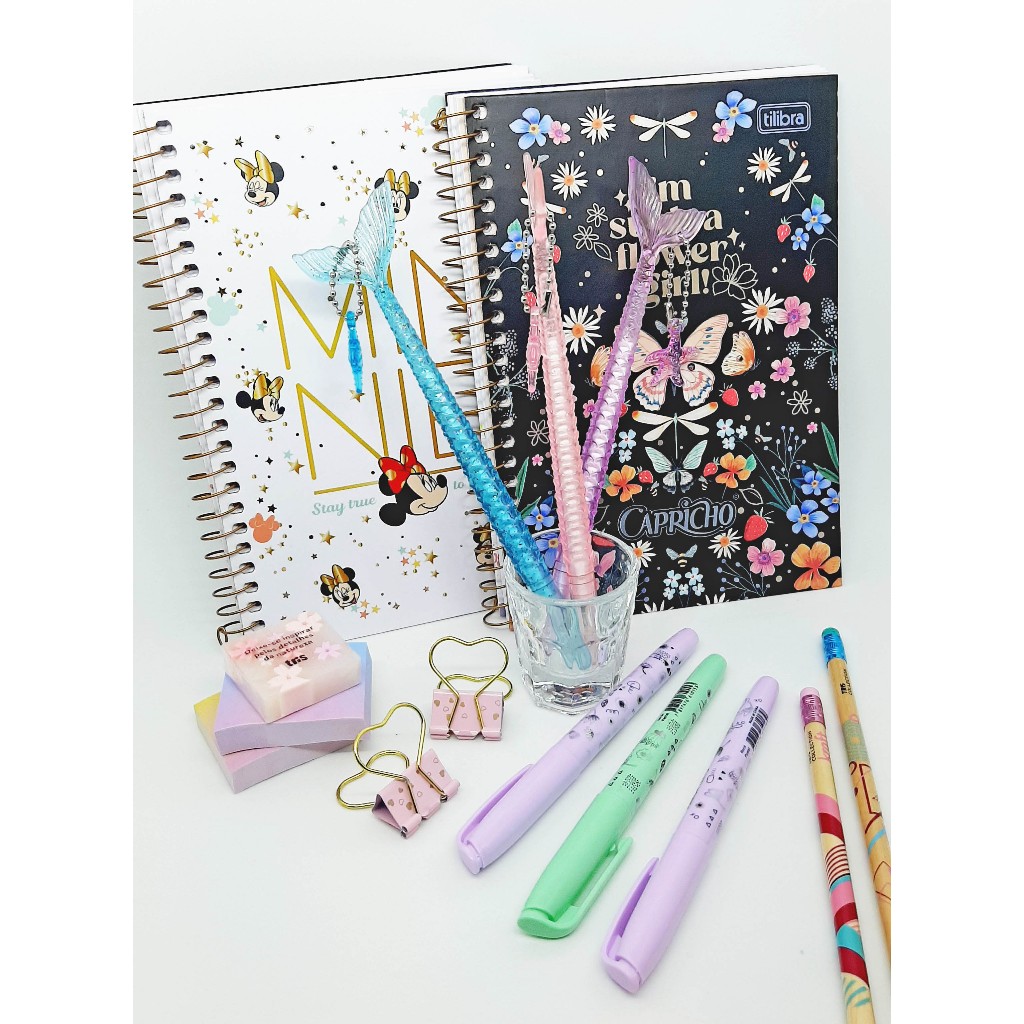Kit papelaria Caderno Tilibra + itens caneta borracha clips - Minnie Capricho Lua