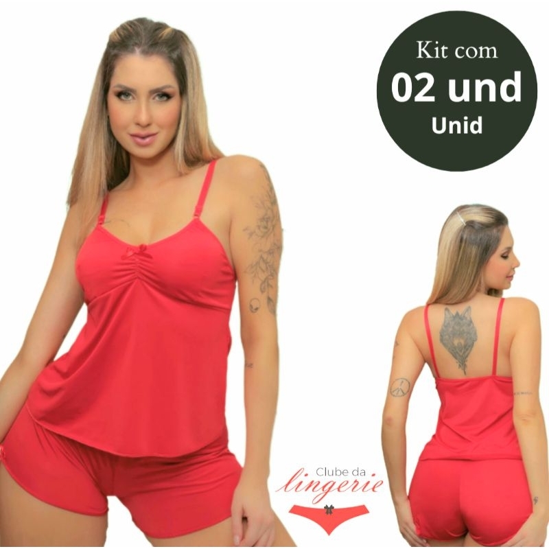 Kit 02 Short Doll Liganete Baby Doll Linda Lu Pijama Feminino Adulto Em Cores Lisas
