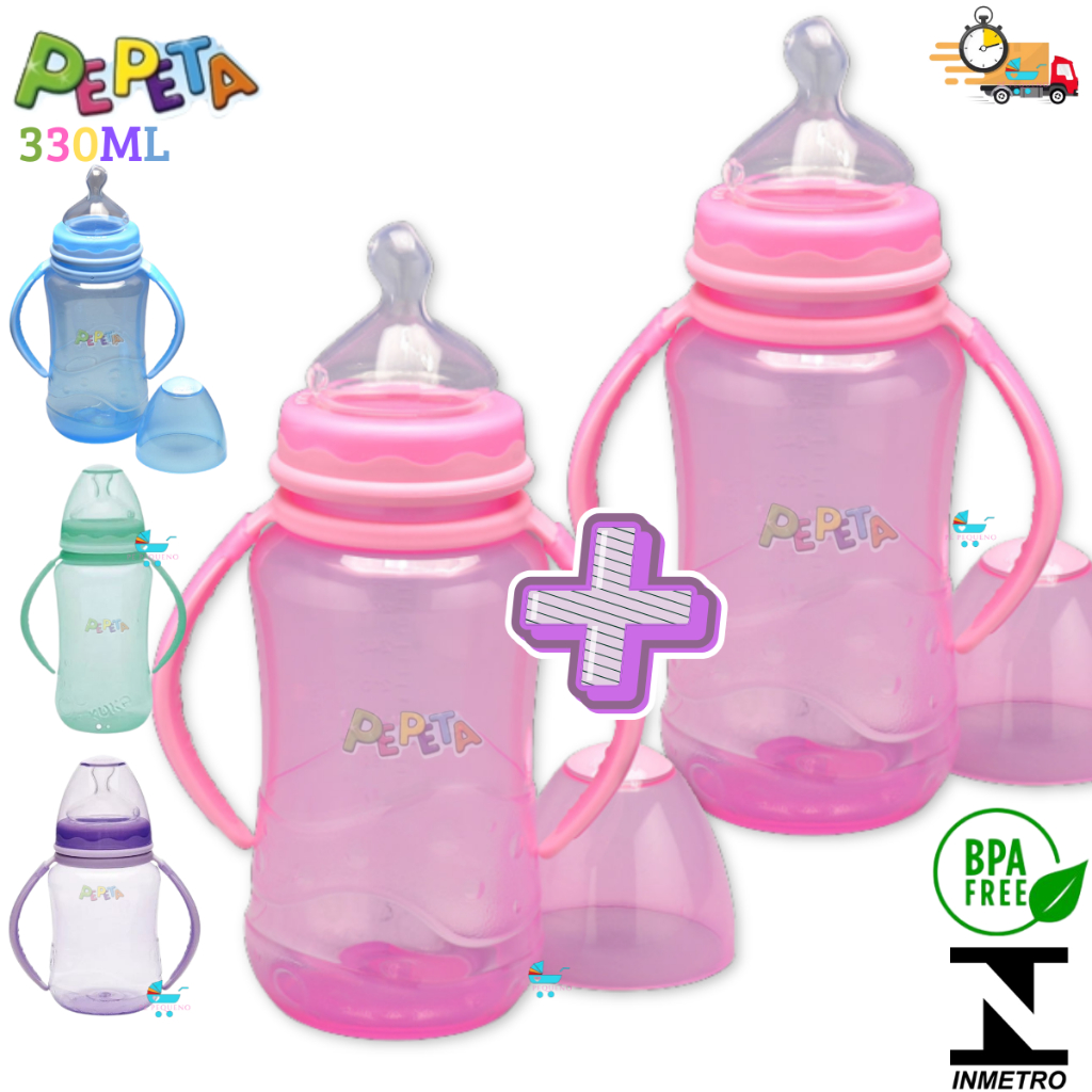 Kit 2 mamadeira 330ml bico de silicone transição infantil com alça. em Oferta na Shopee