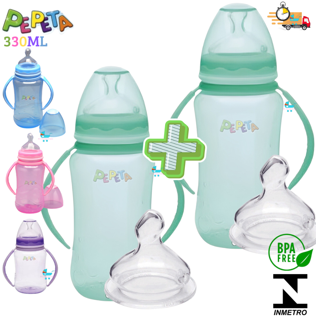kit mamadeira 330ml bico de silicone transição infantil com alça – PEPETA em Oferta na Shopee