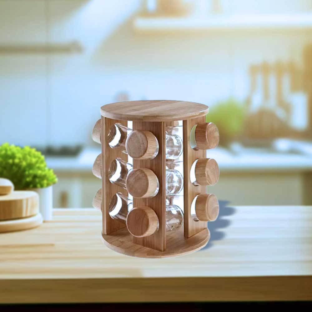 Porta Tempero Condimentos De Madeira Com Potes de Vidro Quantidade 12 Potes + Suporte Gira ...