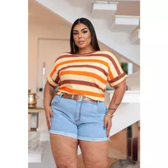 Blusa Plus Size Listrada Manga Curta Viscolycra Tendência