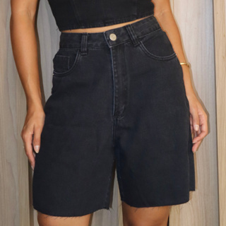 Short Bermuda Preta Pedalete Comprida Jeans Ciclista Tendencia Feminina Cintura Alta Premium em Oferta na Shopee