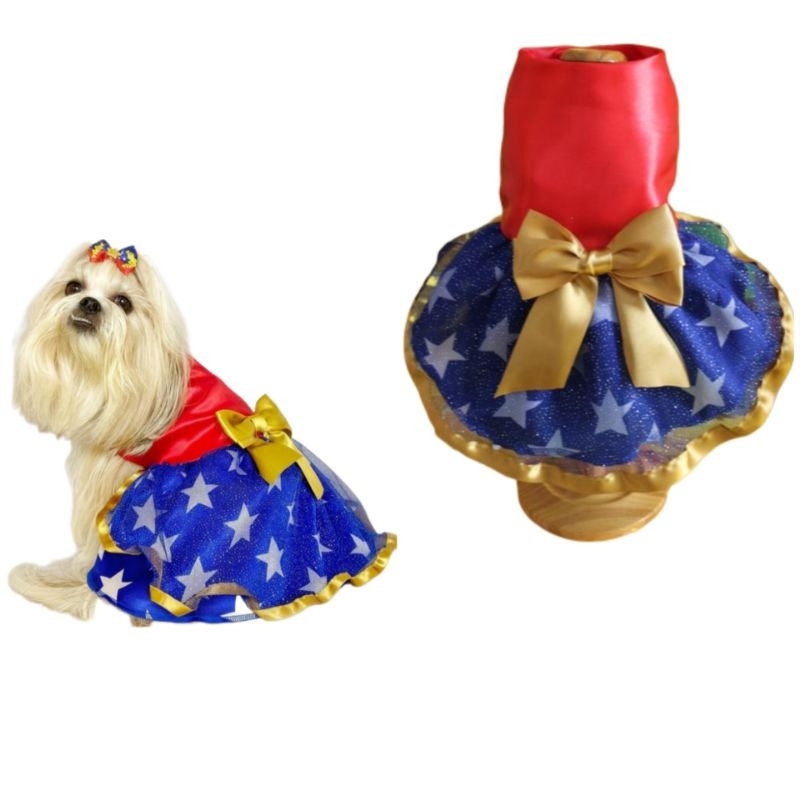 Roupa de Cachorro Vestido Pet Mulher Maravilha Cães e Gatos Fantasia Carnaval em Oferta na Shopee